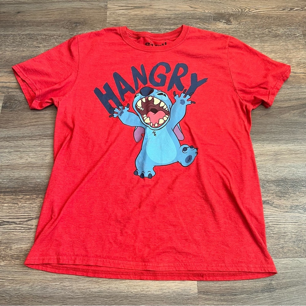 Disney Stitch Graphic T-Shirt Red “Hangry” Tee Men’s Size Large Cartoon